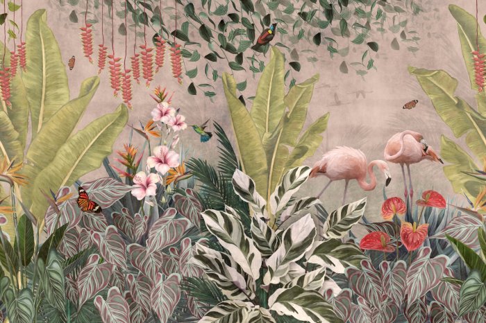 Fotobehang Flamingo&#39;s tussen bloemen in een exotische tuin