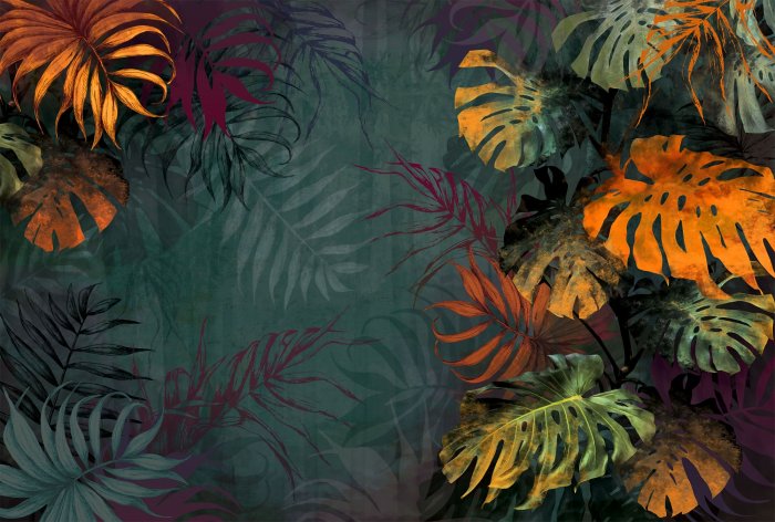 Fotobehang Kleurrijke monsterabladeren op een groene achtergrond