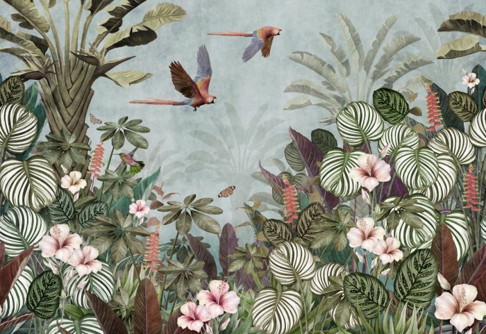 Fotobehang Tropische jungle met bloemen en vogels