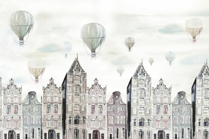Fotobehang Een aquarelstad met ballonnen in de lucht