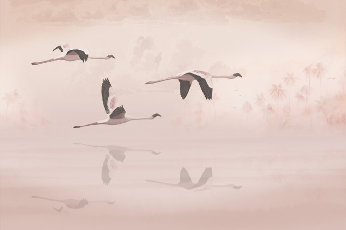 Fotobehang Vliegende vogels tegen de achtergrond van palmbomen en wolken