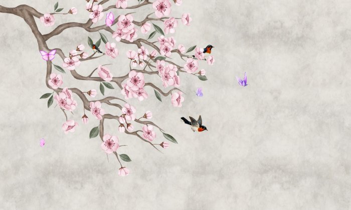 Fotobehang Roze kersenbloesems met vogels op beton