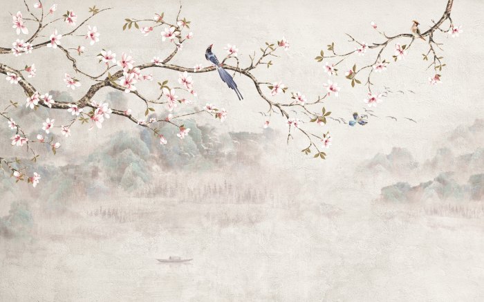 Fotobehang Een vogel op een kersentak met bergen en een meer op de achtergrond