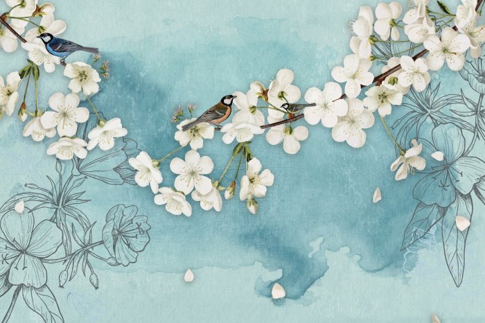 Fotobehang Een kersenboom met bloemen getekend op de achtergrond