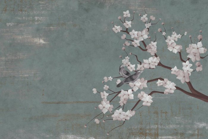 Fotobehang Geschilderde witte kersenbloesems met vogels op de muur