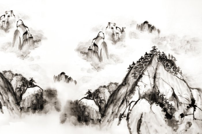 Fotobehang Schetsmatige tekening van bergen en bomen