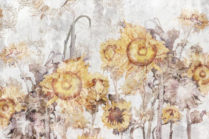 Fotobehang Zonnebloemen in een botanisch patroon voor de muur