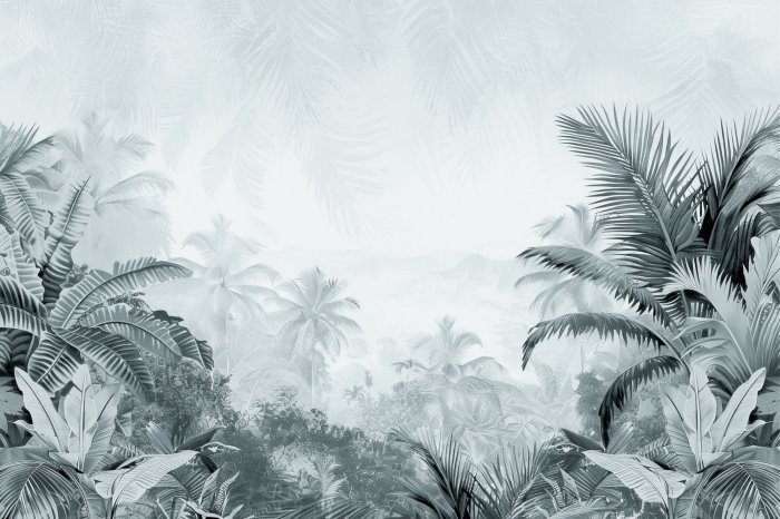 Fotobehang Zwart-wit panorama van een tropische jungle vol palmbomen