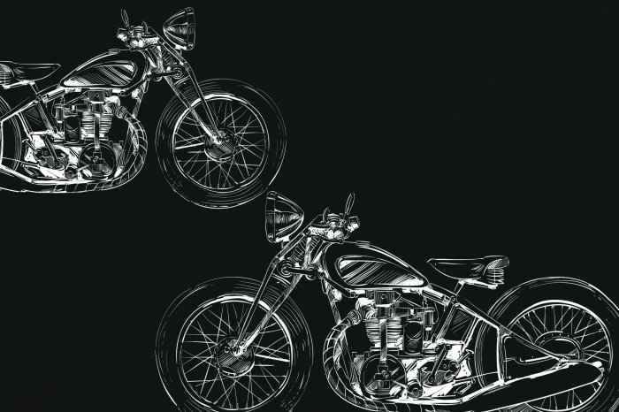 Fotobehang Witte schetsen van motorfietsen op een zwarte achtergrond