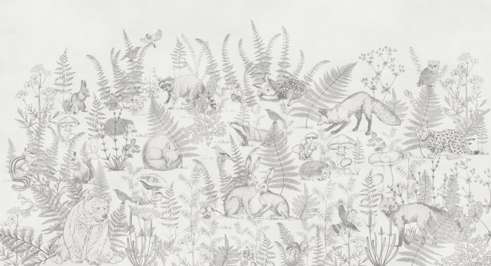 Fotobehang Zwart-wit tekening met dieren