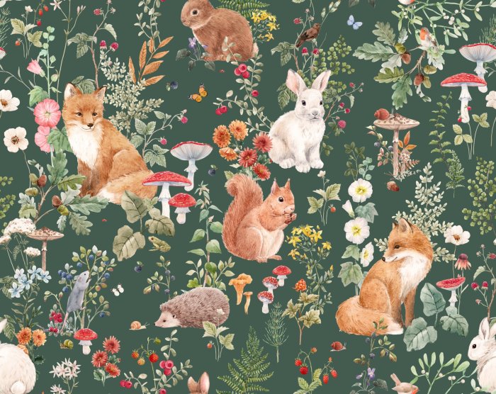 Fotobehang Plantenpatroon met paddenstoelen en vossen