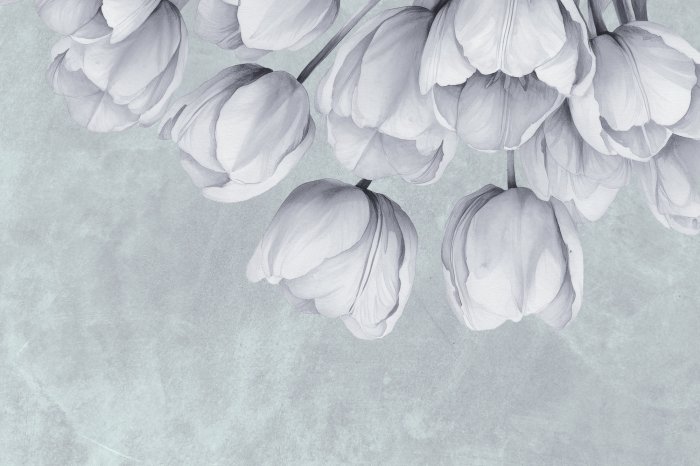 Fotobehang Tulpen hangen aan een betonnen muur