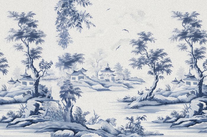 Fotobehang Blauw landschap van een Japans dorp