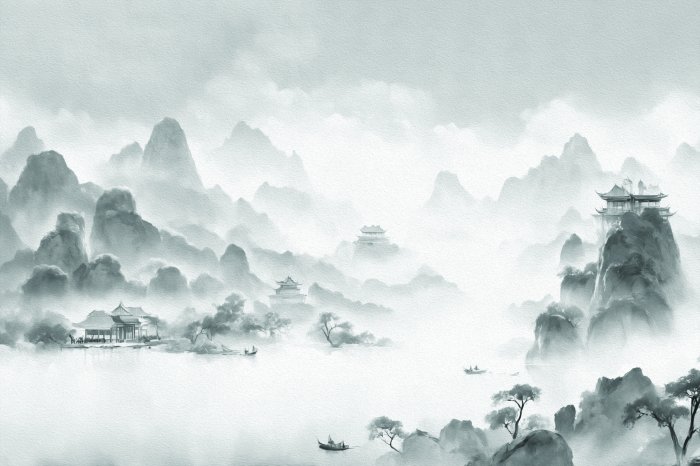 Fotobehang Zwart-wit aquarel van een Japanse bron in de bergen