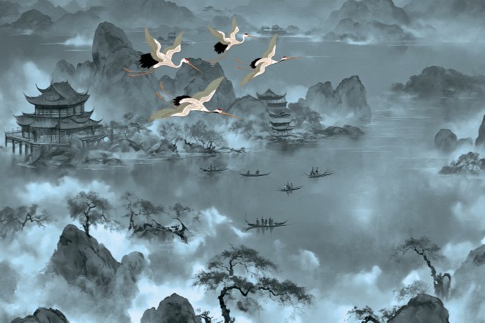 Fotobehang Japans landschap met pagodes, bergen en vliegende kraanvogels