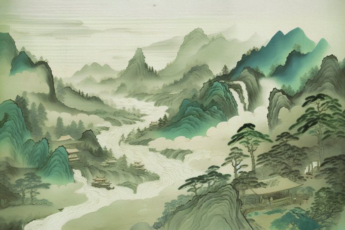 Fotobehang Aziatisch berglandschap geschilderd met een penseel