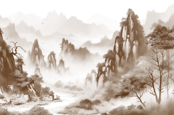 Fotobehang Aziatisch berglandschap in sepia