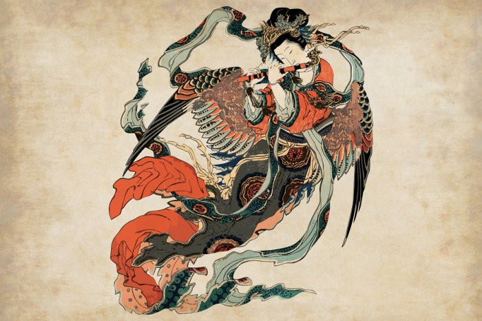 Fotobehang Japanse vrouw in traditioneel kostuum met een instrument