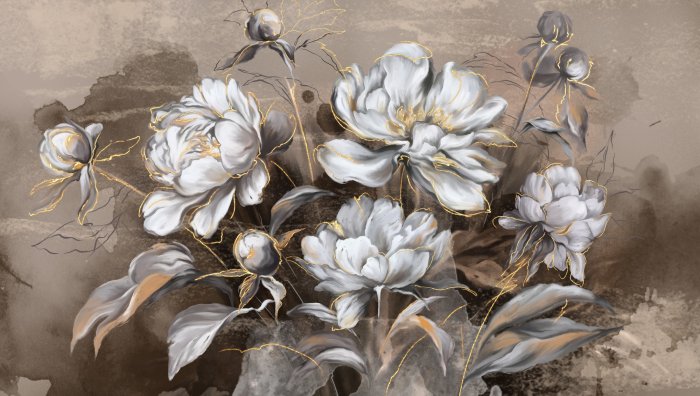 Fotobehang Witte bloemen op een vintage aquarelachtergrond