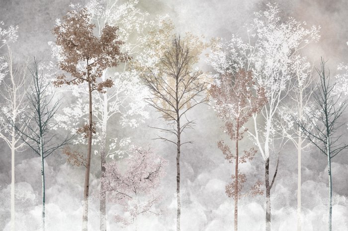 Fotobehang Berkenbomen in de mist, een schilderachtig landschap