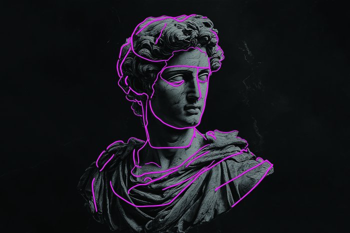 Fotobehang Griekse godensculptuur met neonroze lijnen