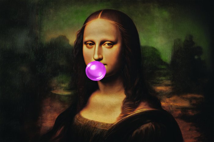 Fotobehang Mona Lisa met roze kauwgom