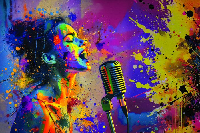 Fotobehang Kleurrijke illustratie van een vrouw die zingt met een microfoon