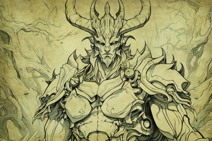 Fotobehang Een tekenfilmdemon in een fantasieharnas op een perkamenten achtergrond.