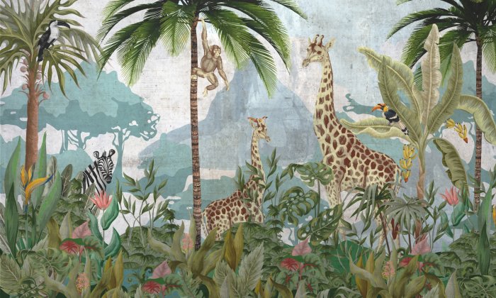 Fotobehang Junglepanorama met dieren op een gestructureerde achtergrond