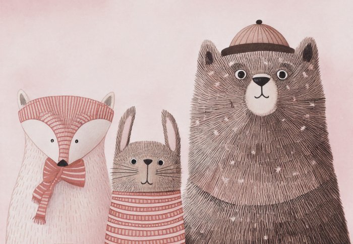 Fotobehang Dieren in kleding in een kleurrijke schets