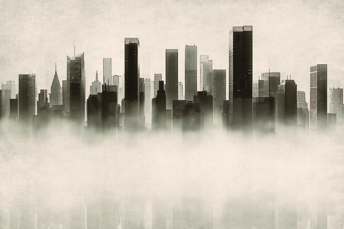 Fotobehang Illustratie van wolkenkrabbers in New York in de mist