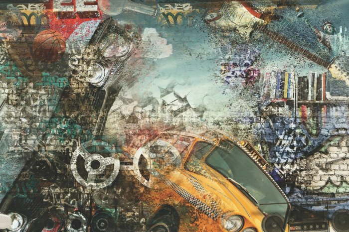 Fotobehang Graffiti op een muur met een New Yorkse taxi