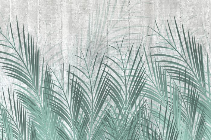 Fotobehang Groene palmbladeren op beton