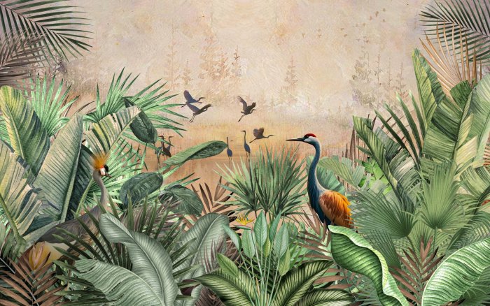Fotobehang Tropische jungle met exotische vogels