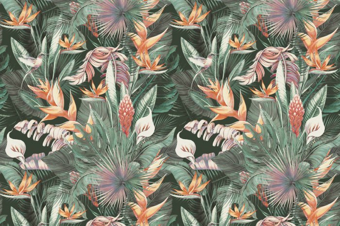 Fotobehang Tropische vegetatie met kolibries in botanische stijl