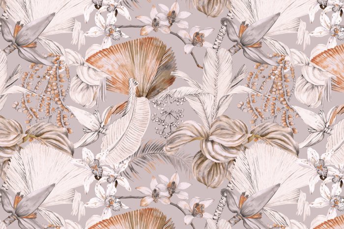 Fotobehang Tropische planten en bloemen op een zachtgrijze achtergrond