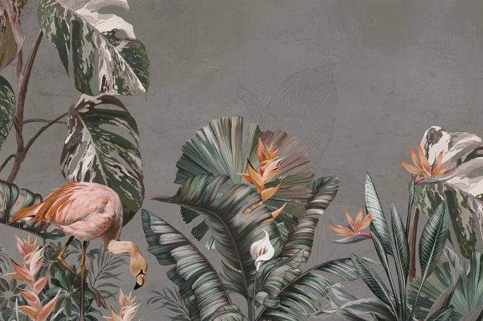 Fotobehang Een roze flamingo tussen strelitzia en bladeren op een grijze achtergrond.