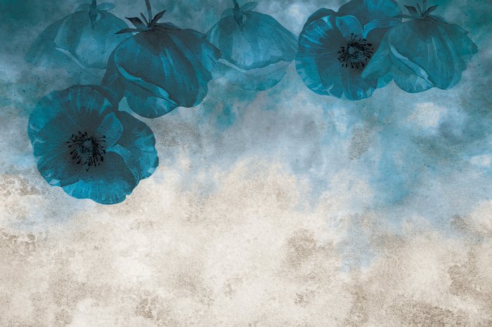 Fotobehang Klaprozen in tinten blauw tegen een betonnen achtergrond