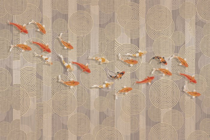 Fotobehang Koi-vissen op geometrische achtergrond in moderne stijl