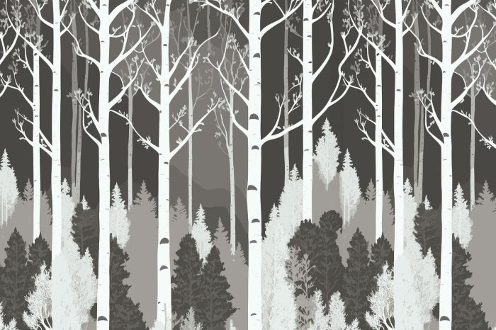 Fotobehang Geïllustreerd berkenbos in grijze kleuren