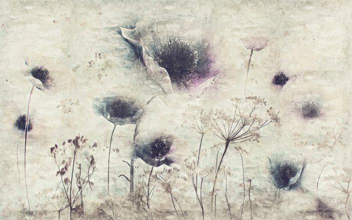 Fotobehang Een industrieel motief met klaprozen en weidebloemen