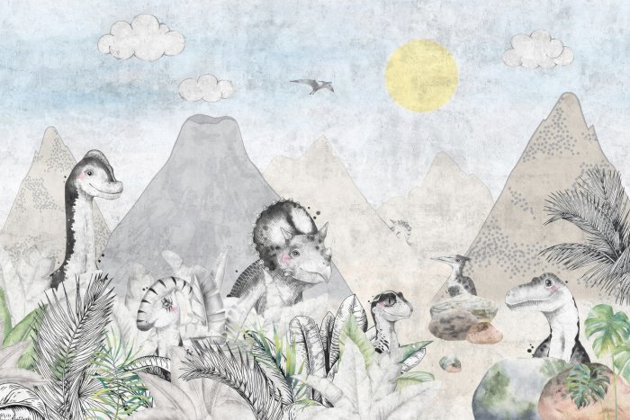 Fotobehang Aquarelwereld van dinosaurussen met vulkanen