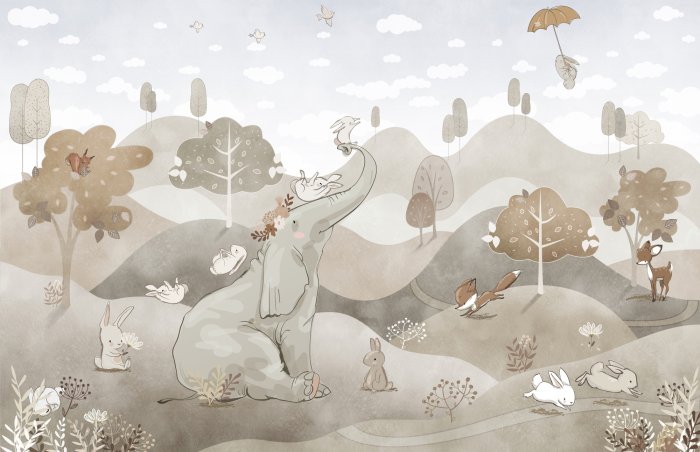 Fotobehang Pastellandschap met een schattige olifant en konijntjes