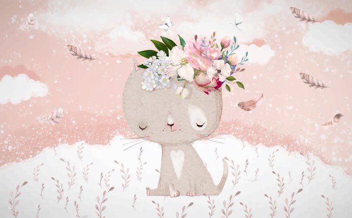 Fotobehang Een kitten met bloemen en vlinders in een weide in aquarelstijl