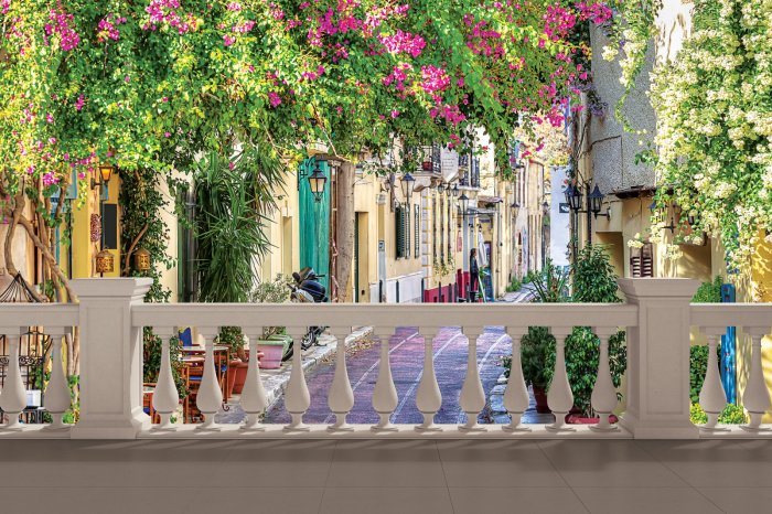 Fotobehang Een stenen straat omzoomd met bloemen in Toscane