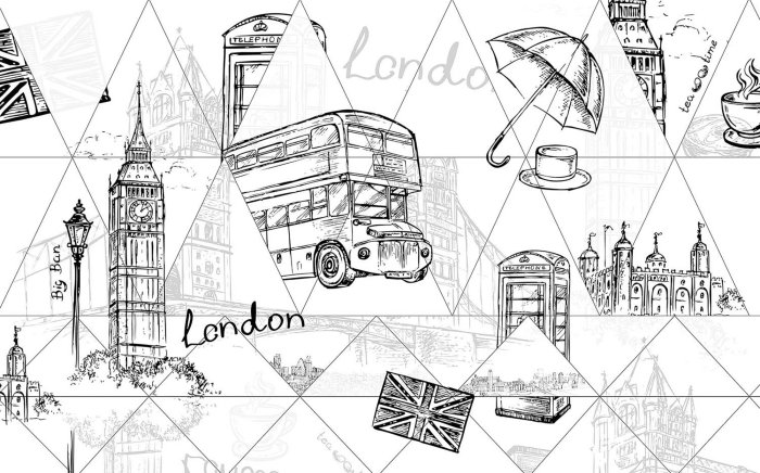 Fotobehang Zwart-witillustratie van Londen met Big Ben en een bus