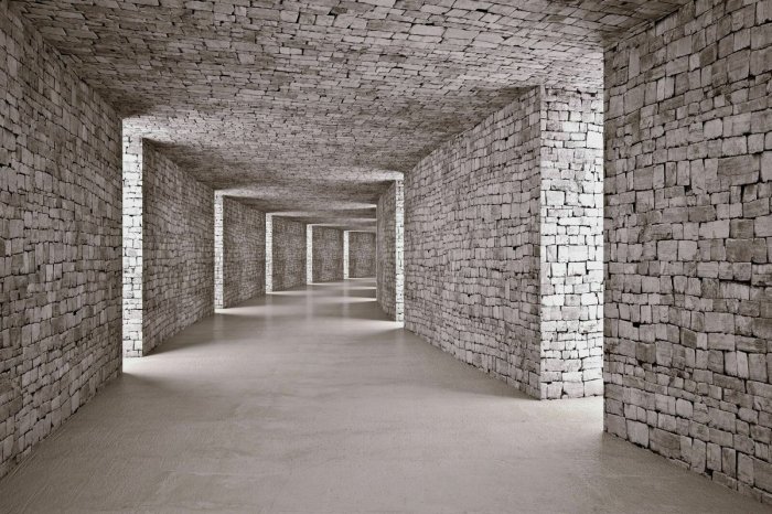 Fotobehang 3D-stenen tunnel in grijstinten