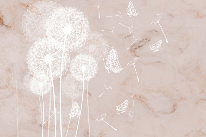 Fotobehang Witte paardenbloemen en vlinders op een marmeren achtergrond, abstract patroon
