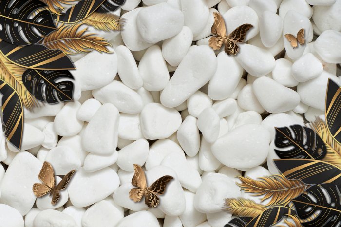 Fotobehang Schmetterlinge und exotische 3D Blätter auf Hintergrund aus weißen Steinen