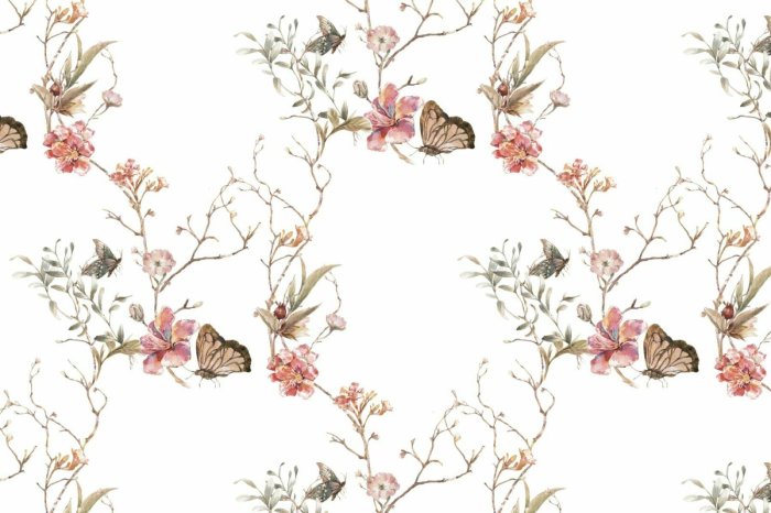 Fotobehang Blumen und Schmetterlinge auf Zweigen im Aquarellstil zarte Illustration